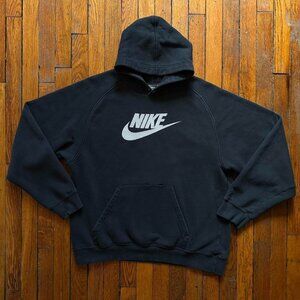 Vintage Y2K Nike Hoodie Sweatshirt Men Black Off White Spell Out Swoosh Distress